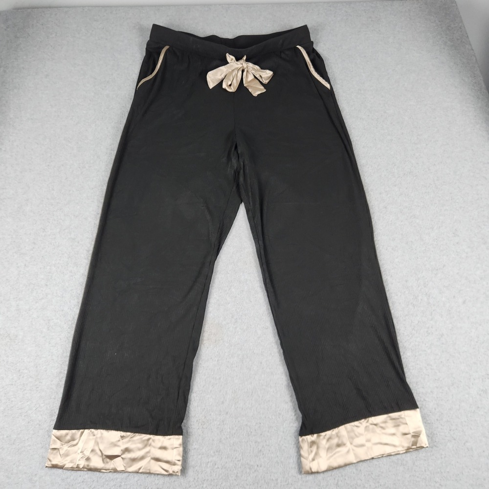 Tahari Pajama Pants Womens L Black Satin Trim Ribbed Drawstring Waist Wide Leg